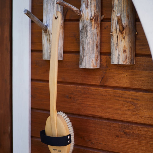 Massage brush with detachable curved handle, oval, beechwood, vegan sisal bristles, 45cm