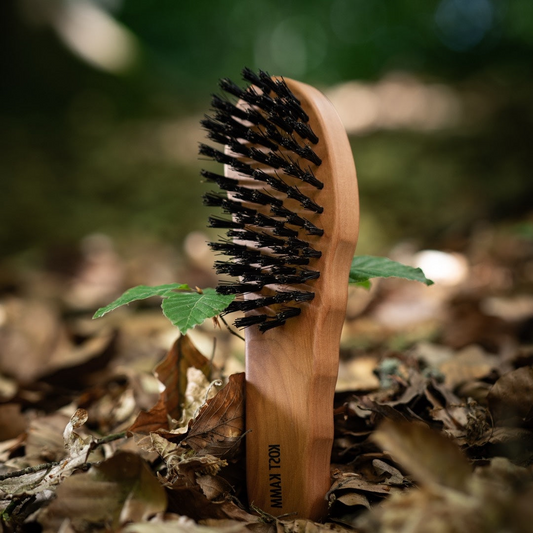 Haarpflegebürste, ergonomisch für Linkshänder, Birnbaum, extra harte Wildschweinborste, 7-reihig, 19,5cm