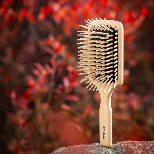 Long-Hair Wooden Pin Brush, Paddle Brush, Beechwood, Straight Extra-Long Wooden Pins, 9-Row, 25.5cm