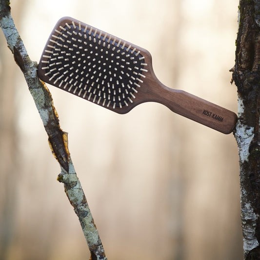 Wooden pin brush, paddle brush, walnut, straight wooden pins, 11-row, 25.5cm