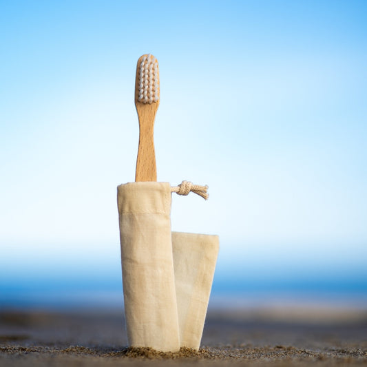 Toothbrush, large, waxed beech, vegan synthetic bristles, bio-based, 18cm, in a cotton bag