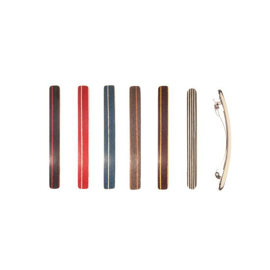 Haarspange, schmal, bunt eingefärbtes Schichtholz, Schließe 6cm