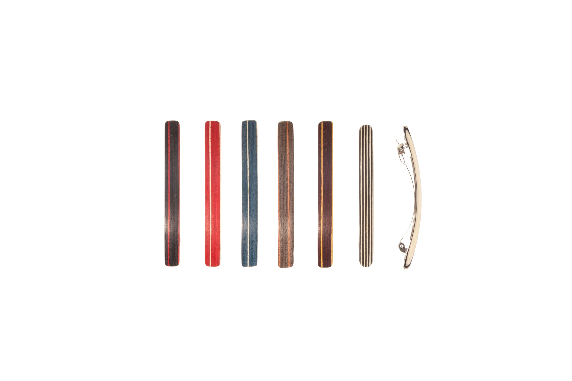 Haarspange, schmal, bunt eingefärbtes Schichtholz, Schließe 6cm