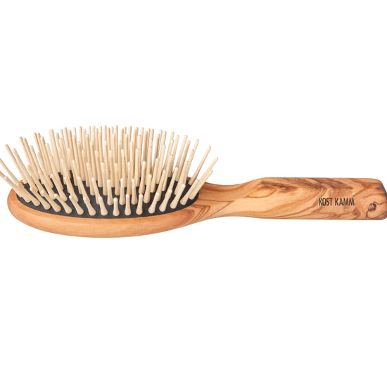 Langhaar-Holzstiftbürste, oval, Olivenholz, gerade extra lange Holznoppen, 9-reihig, 21,5cm