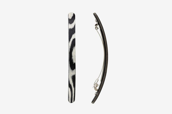 Haarspange, schmal, schwarz-weißes Furnierholz, Design Wave, Schließe 10cm