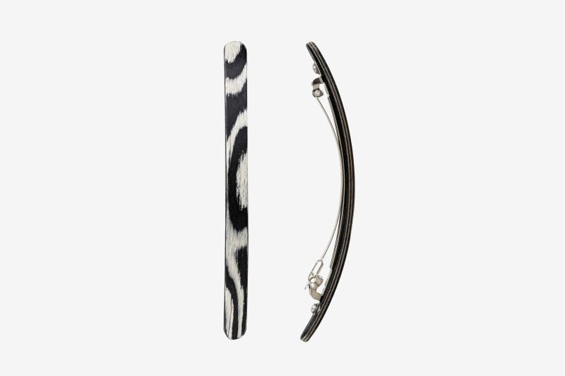 Haarspange, schmal, schwarz-weißes Furnierholz, Design Wave, Schließe 10cm