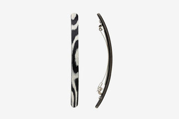 Haarspange, schmal, schwarz-weißes Furnierholz, Design Wave, Schließe 10cm