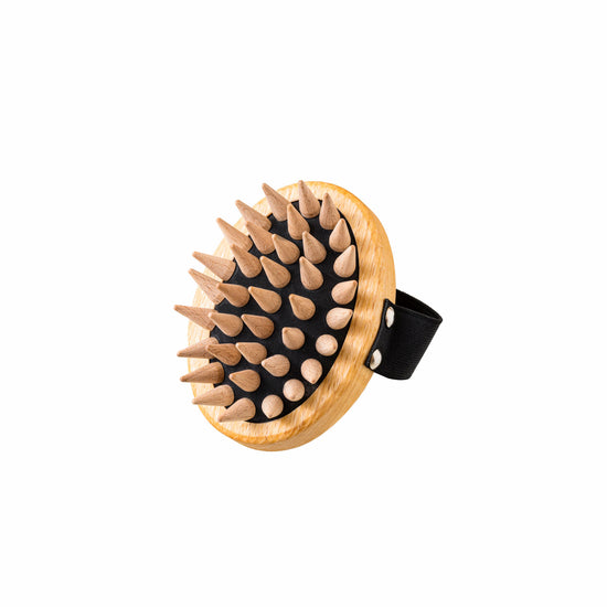 Faszien-Massagebürste, oval, Buche, spitze Holznoppen, 13cm