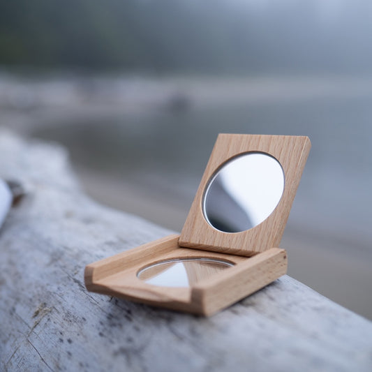 Folding mirror, beech, 2 mirrors, one with magnification (8x), d=50mm, with print "Mirror, Mirror in my hand"