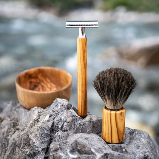 Shaving brush, cylindrical, olive wood, vegan synthetic hair, 10cm