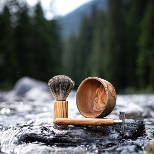 Shaving Set (617+727+Display Stand), Olive, Vegan Synthetic Hair, Classic Safety Razor