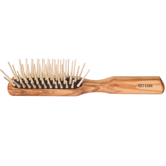 Langhaar-Holzstiftbürste, schmal, Olivenholz, gerade extra lange Holznoppen, 5-reihig, 20cm