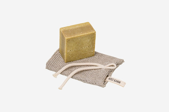 Seife Olive, vegane Bio Seife für Körper, Gesicht und Hände, ätherisches Lorbeerblätteröl, Bio-Lorbeerblätterpulver, Vitamin E, Bio-Olivenöl, 120g, mit Leinen Seifensäckchen
