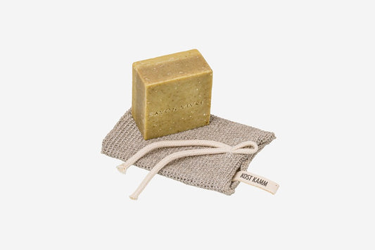 Seife Olive, vegane Bio Seife für Körper, Gesicht und Hände, ätherisches Lorbeerblätteröl, Bio-Lorbeerblätterpulver, Vitamin E, Bio-Olivenöl, 120g, mit Leinen Seifensäckchen