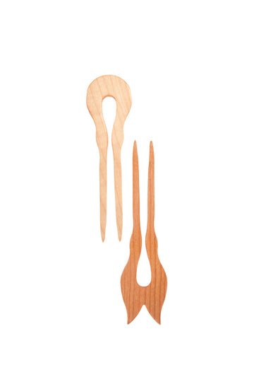Doppelspieß, 2-zinkig, verschiedene Naturhölzer, ca. 14cm
