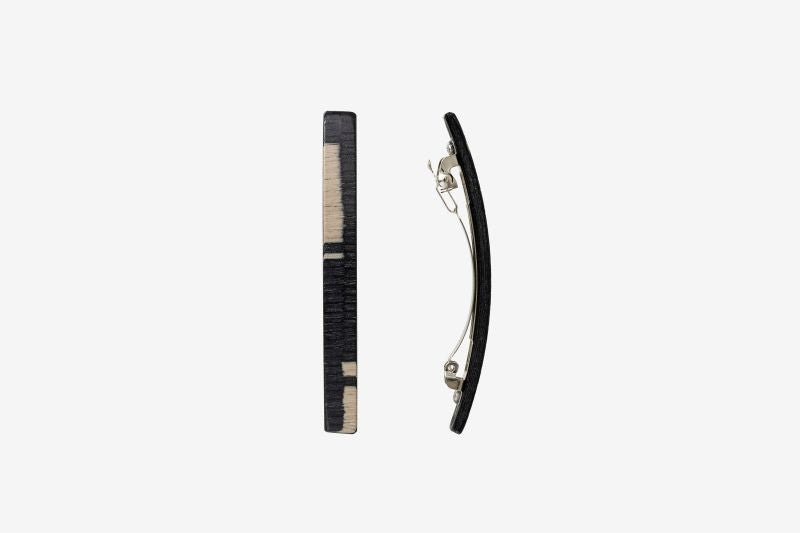Haarspange, schmal, schwarz-weißes Furnierholz, Design Cloudy, Schließe 6cm