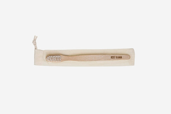 Zahnbürste, klein, Buche gewachst, vegane Kunstborste, biobasiert, 16cm, im Baumwollbeutel