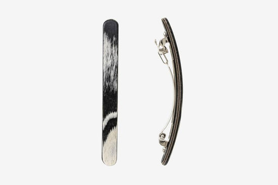 Haarspange, schmal, schwarz-weißes Furnierholz, Design Wave, Schließe 6cm