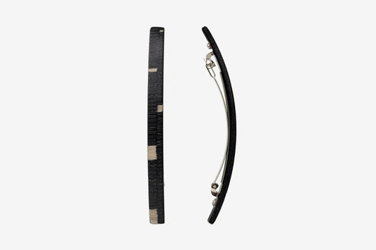 Haarspange, schmal, schwarz-weißes Furnierholz, Design Cloudy, Schließe 10cm