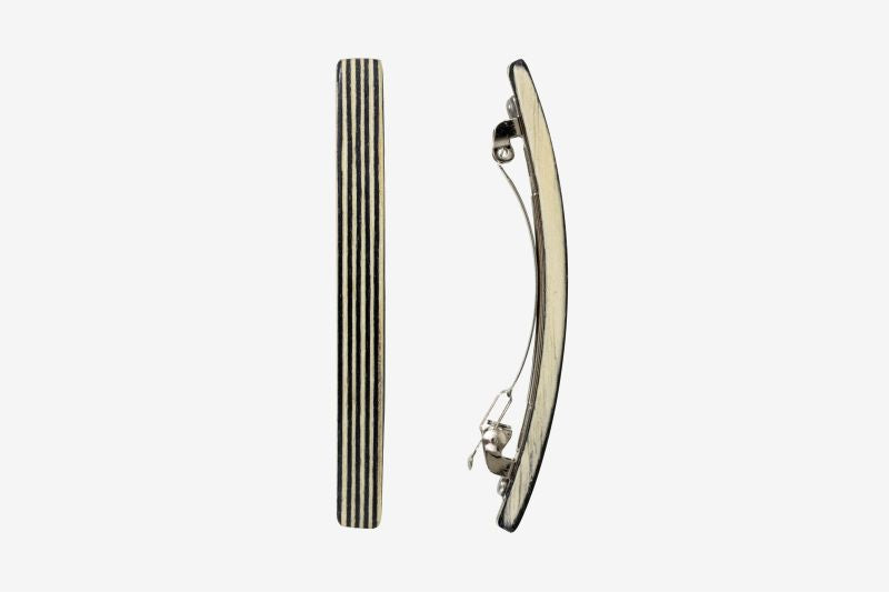 Haarspange, schmal, schwarz-weißes Furnierholz, Design Stripe, Schließe 6cm