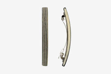 Haarspange, schmal, schwarz-weißes Furnierholz, Design Stripe, Schließe 6cm