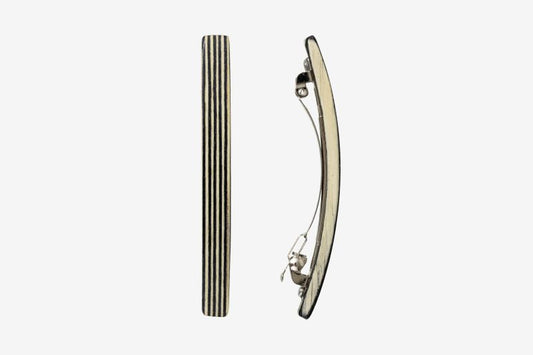 Haarspange, schmal, schwarz-weißes Furnierholz, Design Stripe, Schließe 6cm