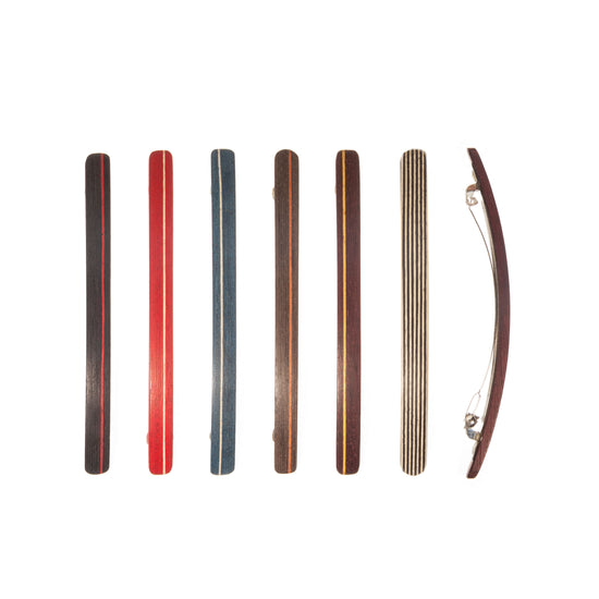 Haarspange, schmal, bunt eingefärbtes Schichtholz, Schließe 10cm