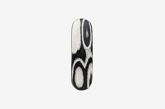 Haarspange, oval, schwarz-weißes Furnierholz, Design Wave, Schließe 8cm