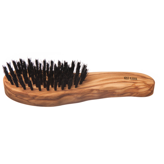 Haarpflegebürste, ergonomisch, Olivenholz, harte Wildschweinborste, 7-reihig, 19,5cm